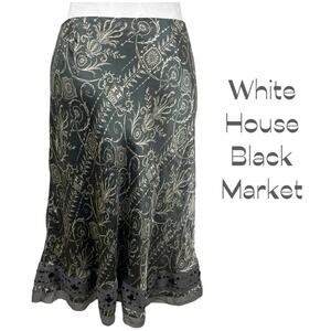 White House Black Market Gray Cream Paisley Pure Silk Beaded Skirt NWOT Size 4
